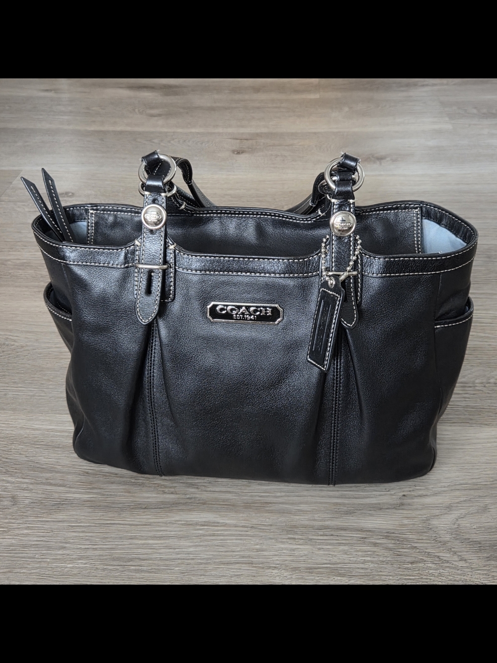 Y2K Coach Gallery East West Tote F15147 Black Leather Multi Pocket Work Bag.